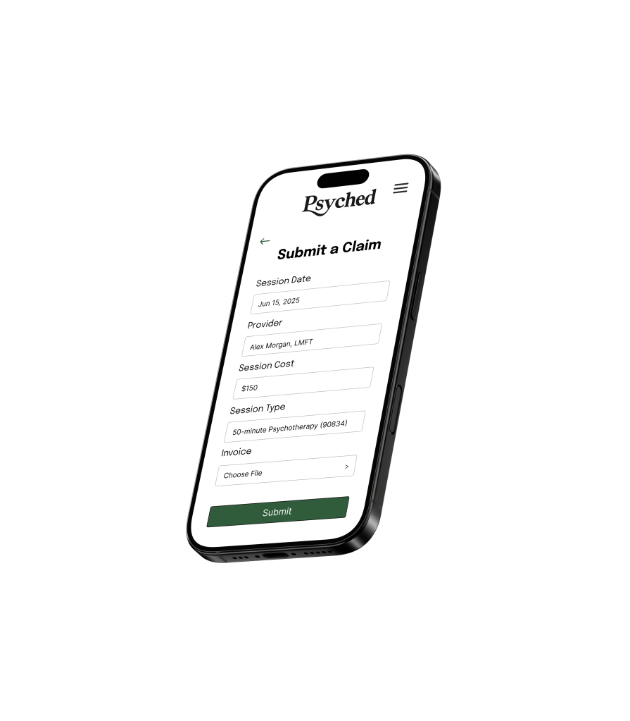 An iphone 16 pro showing the claim submission process for Psyched Mental Health