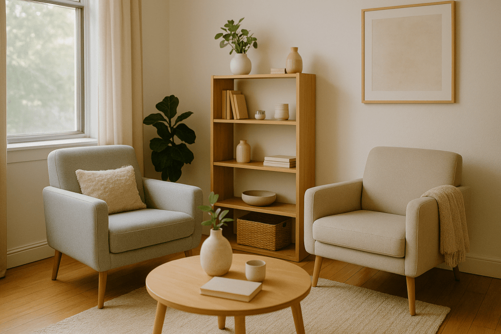 A minimal, neutral-toned therapy space with soft beige chairs, a wooden bookcase, and natural light from a side window—styled to feel safe, private, and uncluttered.