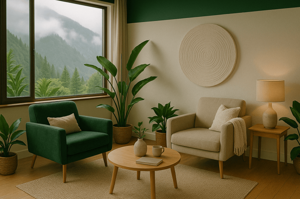 A cozy therapy office with a dark green armchair, beige accent chair, and large window overlooking a misty forest—styled with plants and soft lighting to convey calm and privacy.