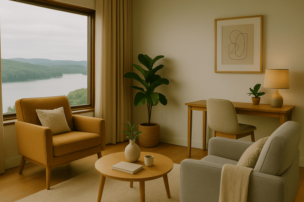 A mid-century modern office with a view of a river gorge.